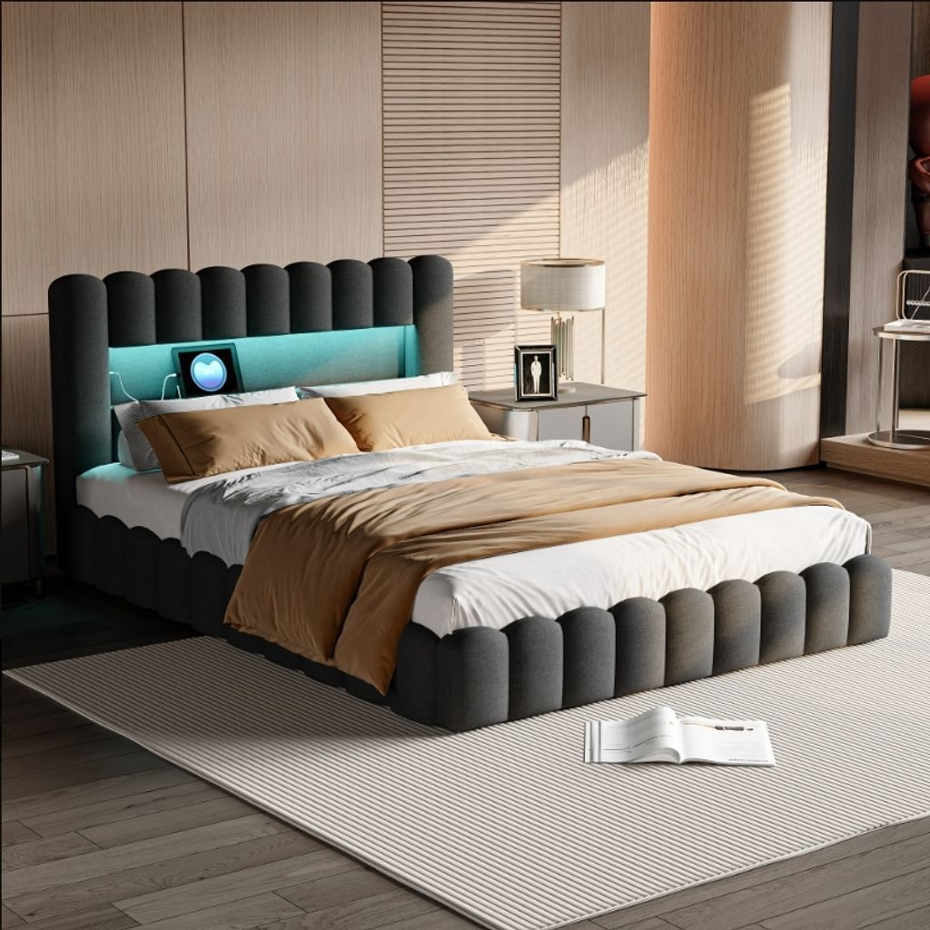 CDGlobal Polsterbett 180x200cm mit USB, Boxspringbett Doppelbett mit Stauraum und Lattenrost, Jugendbett mit Led, Massivholzbett Funktionsbett, Lei...