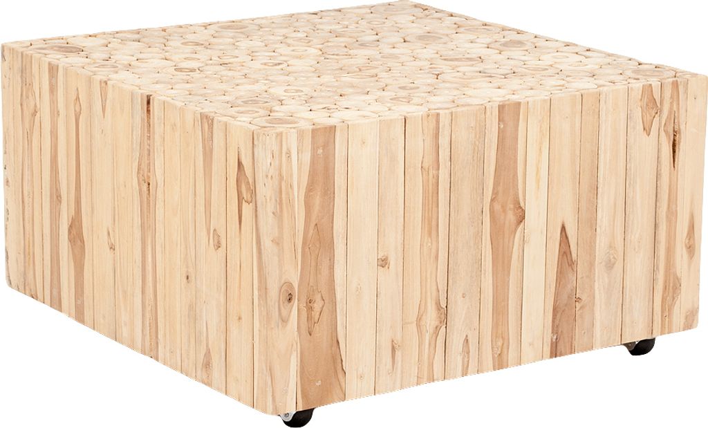 Moderner Teak Couchtisch EVA 80x80cm Natural auf Rollen