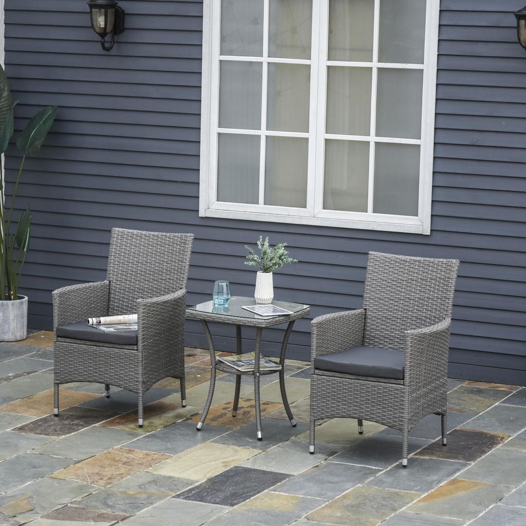 Balkonmöbel Set 3-teilig PE-Rattan, Sitzgruppe 2 Personen Gartenmöbel Lounge, Polyrattan Metall, Grau | 2 Stühle + Tisch | Hartglas | UV-beständig