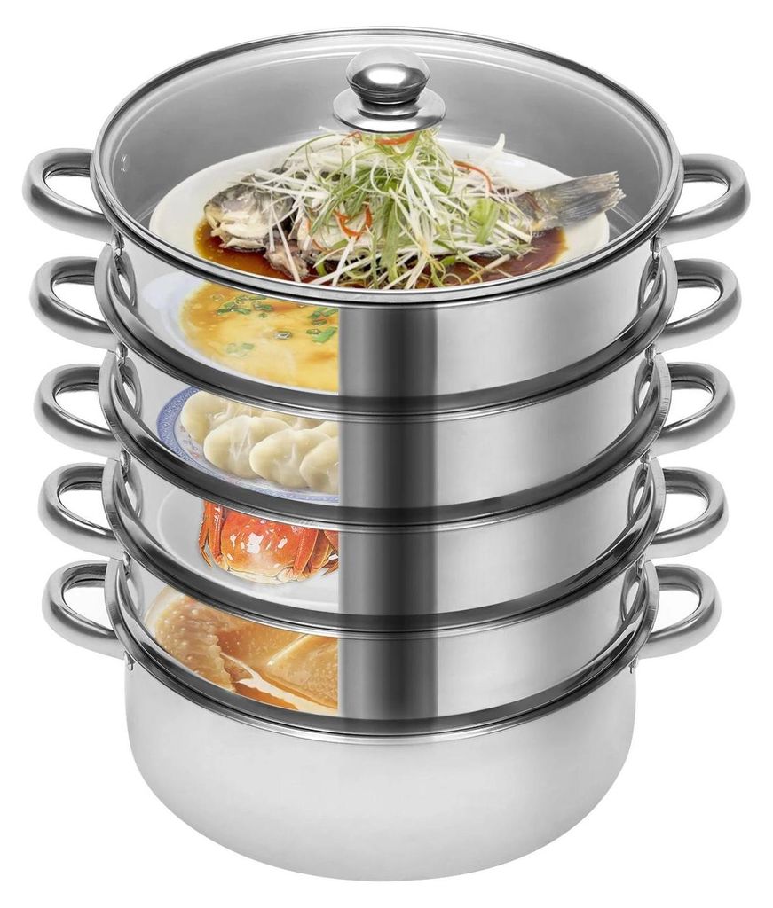 Edelstahl Dampfgarer Topf - Fünfstöckiger Dampftopf - Stapelbare Einsätze - Mit Deckel - Für Gemüse, Fleisch, Pasta, Dumplings - Silber