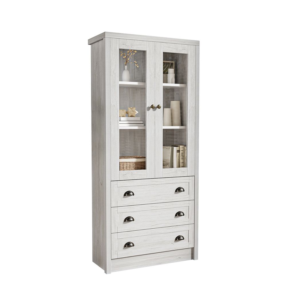 Hochschrank mit Glastüren 3 Schubladen und Kupfergriffen Vitrine Sideboard für Wohnzimmer 80x34x171cm