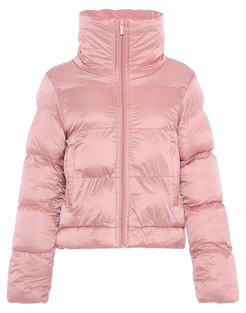 Damen Nylon Jacke mit hohem Kragen, durchgehendem Reißverschluss und horizontalen Steppnähten, kurz geschnitten, rosa, Größe M