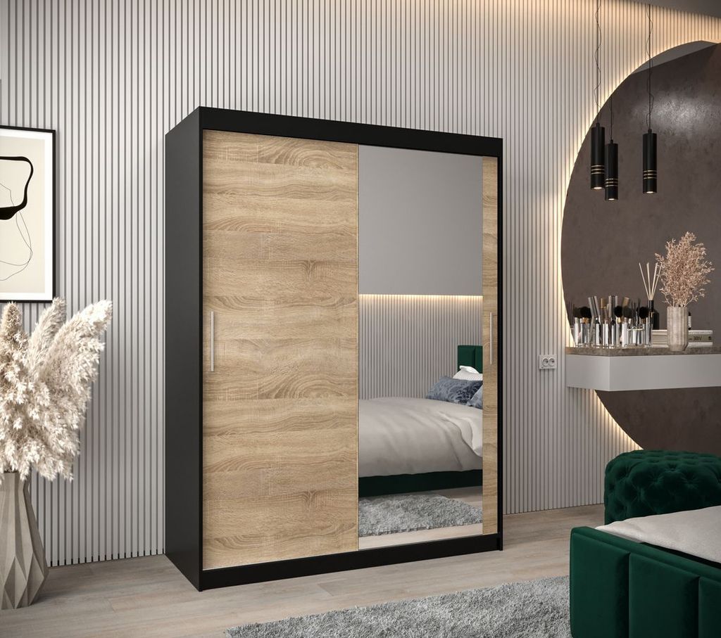 Schwebetürenschrank mit einer Breite von 150 cm TIMEA 2 – Schwarz / Eiche Sonoma