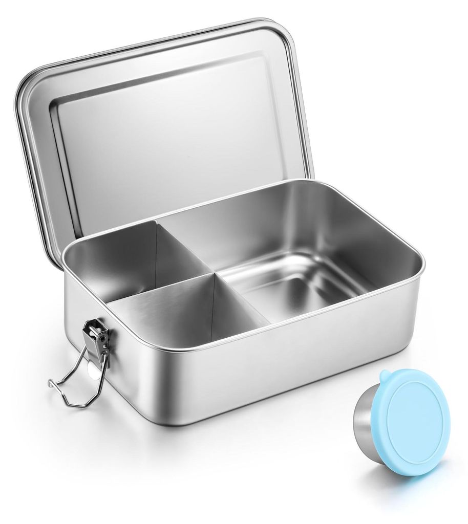 Bento-Box aus Edelstahl mit 3 Fächern, Lunchbox aus Metall mit auslaufsicherem Soßenbehälter für Camping, Picknick, Reisen und Arbeit, spülmas...