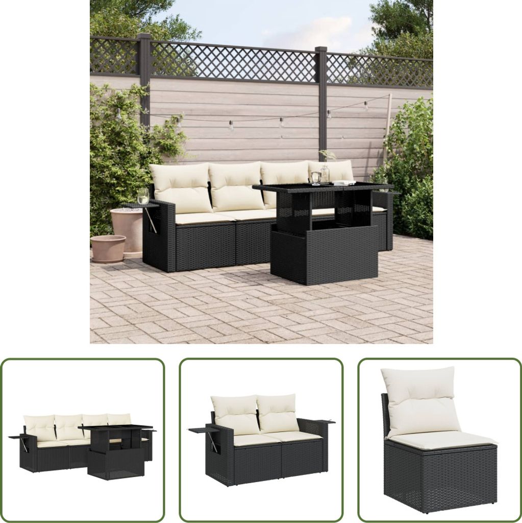 The Living Store 5-tlg. Garten-Sofagarnitur mit Kissen Schwarz Poly Rattan