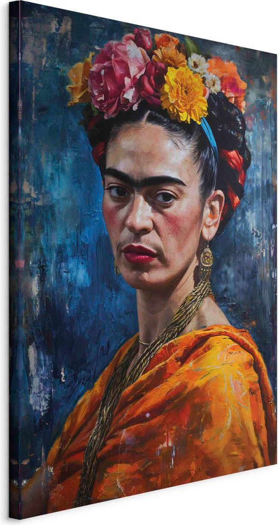 Wandbilder XXL Frida Kahlo 40x60 cm 1 tlg Wand Deko Leinwand Bilder Groß Wohnzimmer Marineblauer Hintergrund Frau Porträt Abstraktion h-H-10044-b-a