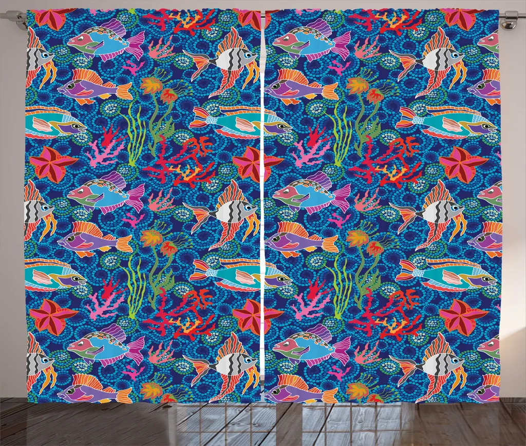 Rideau de Chambre Bleu Marine Motif Poissons avec Boucles et Crochets