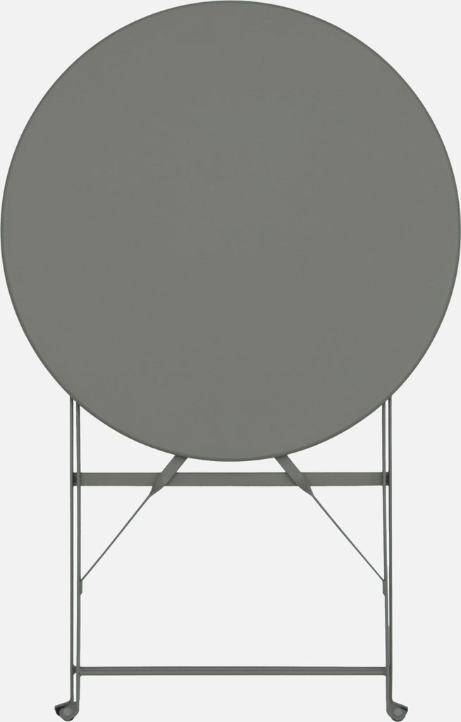 A top-down view of a round, gray bistro table with a metal frame.