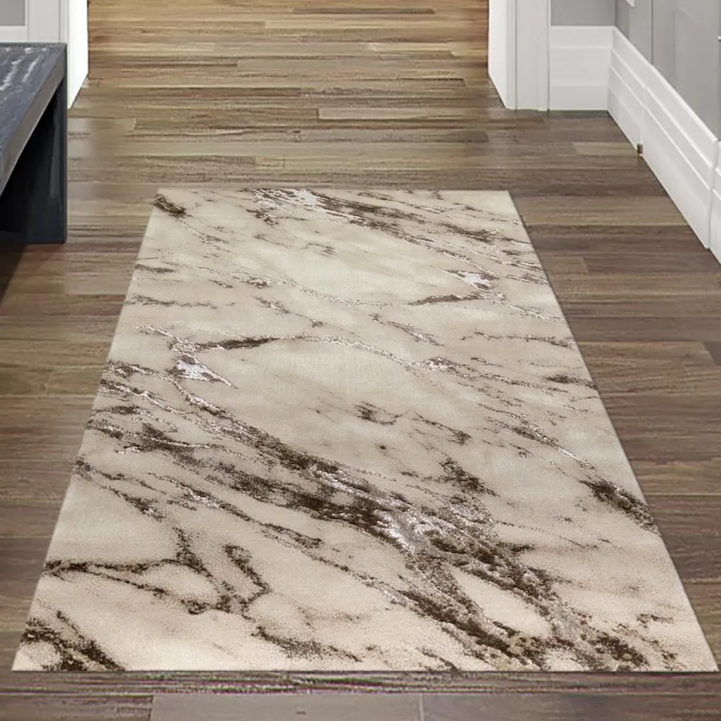 Tapis de salon beige aspect marbre anti-tache et facile d'entretien