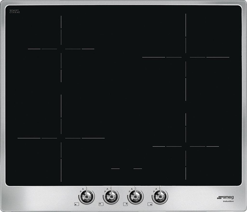 A top-down view of a black induction hob with silver trim and controls.