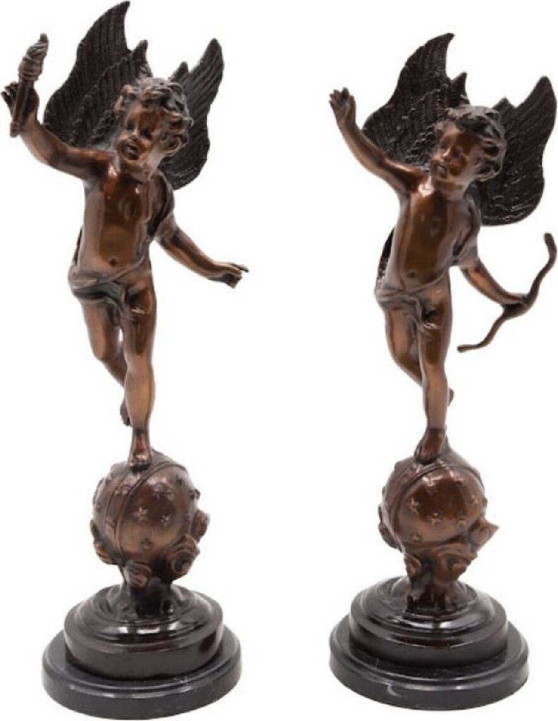 Casa Padrino Luxus Jugendstil Bronze Deko Skulpturen Set Engel 15 x 14 x H. 46 cm - Bronze Deko Figuren mit Marmorsockel - Schreibtisch Deko - Baro...