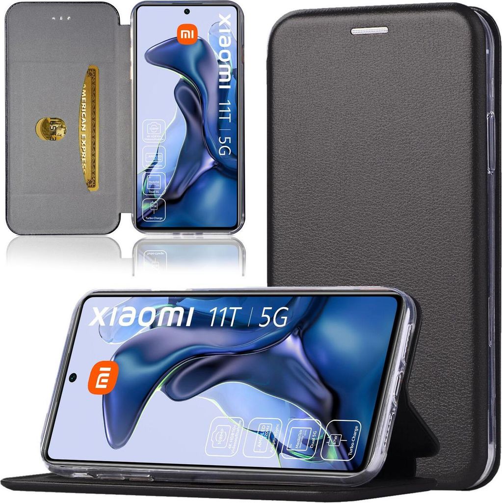 Handy Schutz Hülle für Xiaomi 11T 5G / 11T Pro 5G Handytasche mit Magnetdeckel Kartenfach und Standfunktion Klapphülle Schwarz