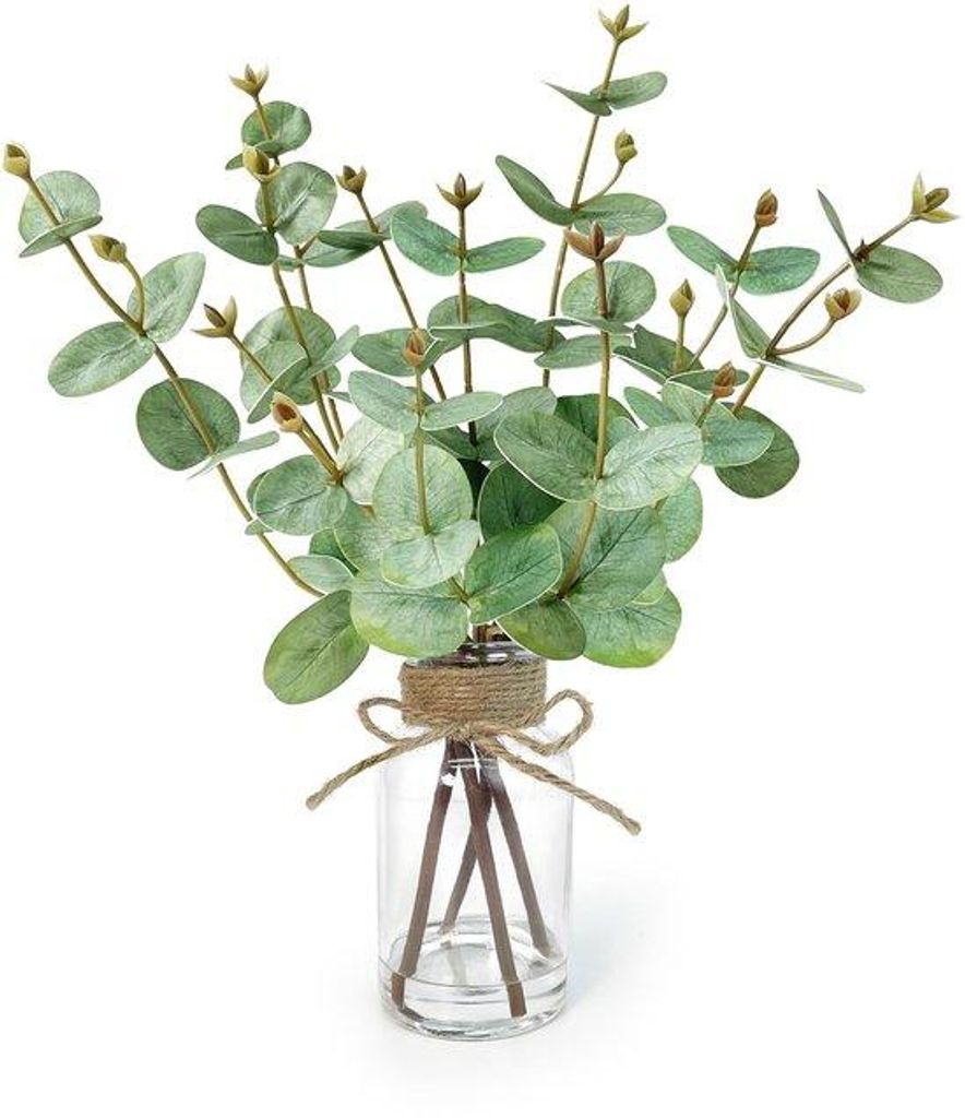Kunstmatige Eucalyptus-Blumen in Glasvase, Zweige mit doppelten Blättern, dekorative Zimmerpflanze für Wohnzimmer und Tischdekoration