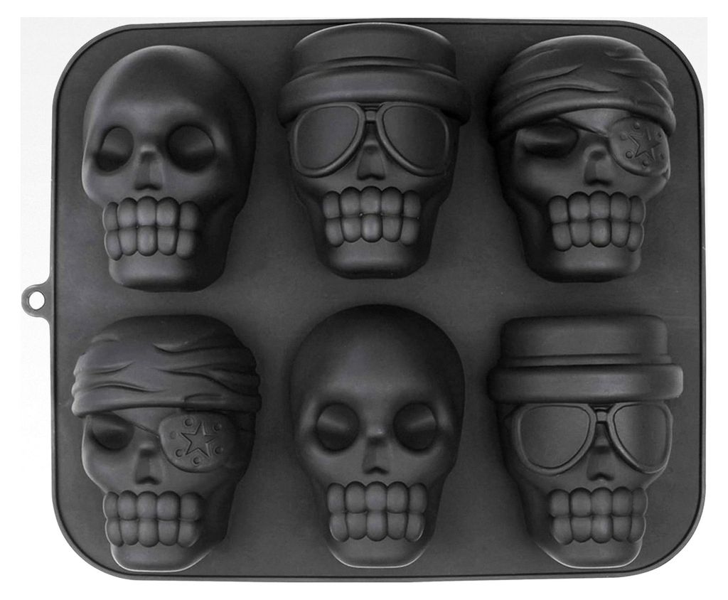 Silikonform Totenkopf für Halloween, 6er Muffinform, 30 x 25 cm, Schwarz