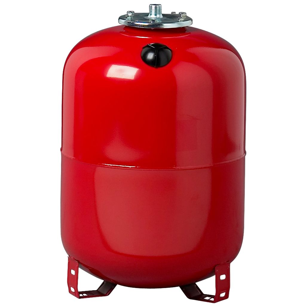 A red expansion vessel for a heating system, shown in isolation against a white background.