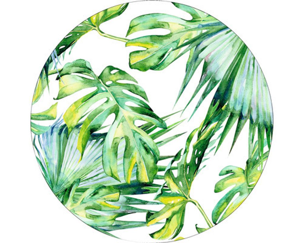 Modernes rundes Glasbild mit Dschungel-Motiv in Grüntönen, Durchmesser von 20 cm