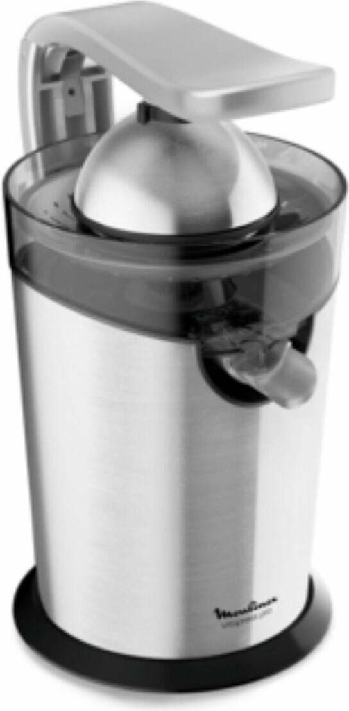A studio shot of a silver citrus juicer.