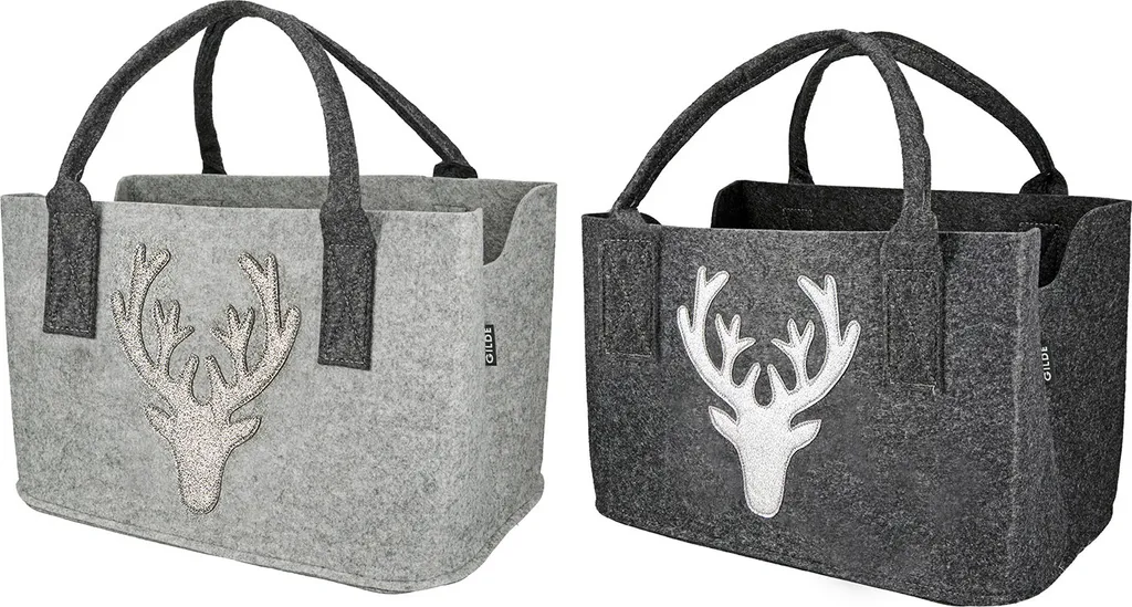 Panier à bûches et rangement en feutre cerf gris pour chalet lot de 2
