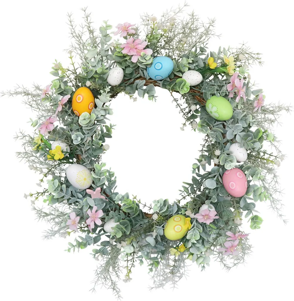 Grande Couronne de Pâques 50 cm faite main avec œufs pastel et feuillage