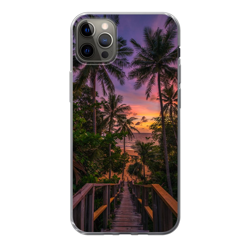 MuchoWow Handyhülle Schutzhülle Hülle für iPhone 12 Pro Max Sonnenuntergang - Palmen - Strand Silikon Softcase Handy Hülle - Hartschale