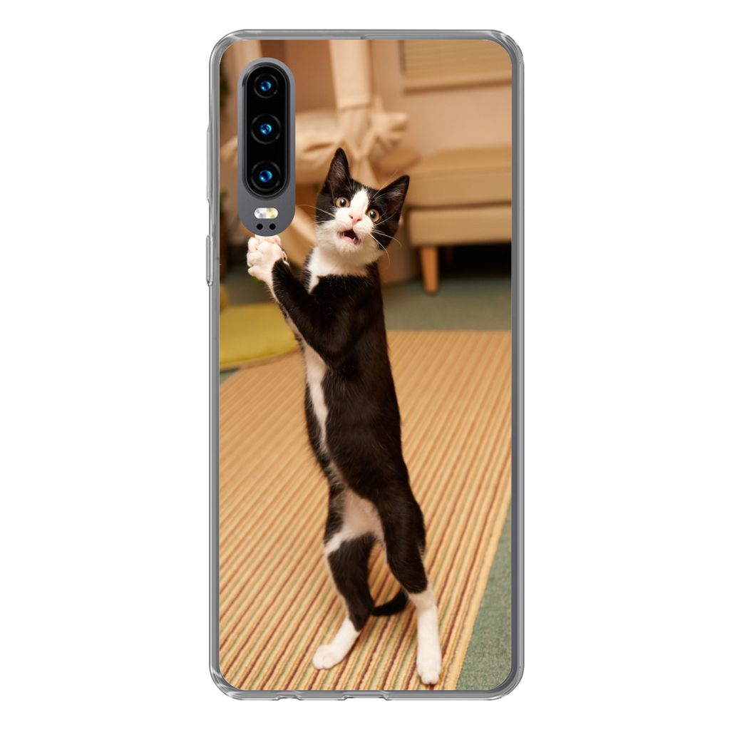 MuchoWow Handyhülle Schutzhülle Hülle für Huawei P30 Katze - Wohnzimmer - Schwarz Silikon Softcase Handy Hülle - Kartenbesitzer