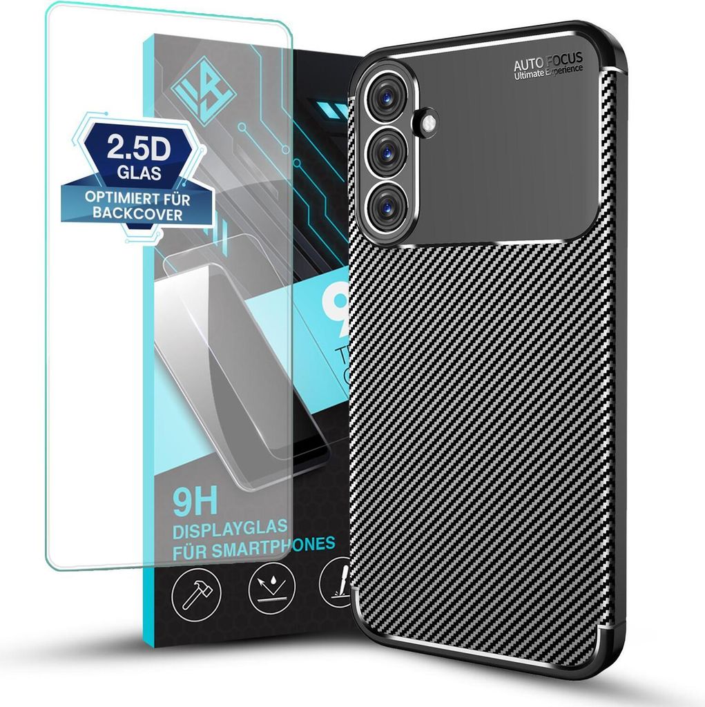 Handy Hülle für Samsung Galaxy A15 / A15 5G mit 9H Displayglas Displayschutz Plus Carbon Look Cover Case Schutzhülle Farbe: Schwarz