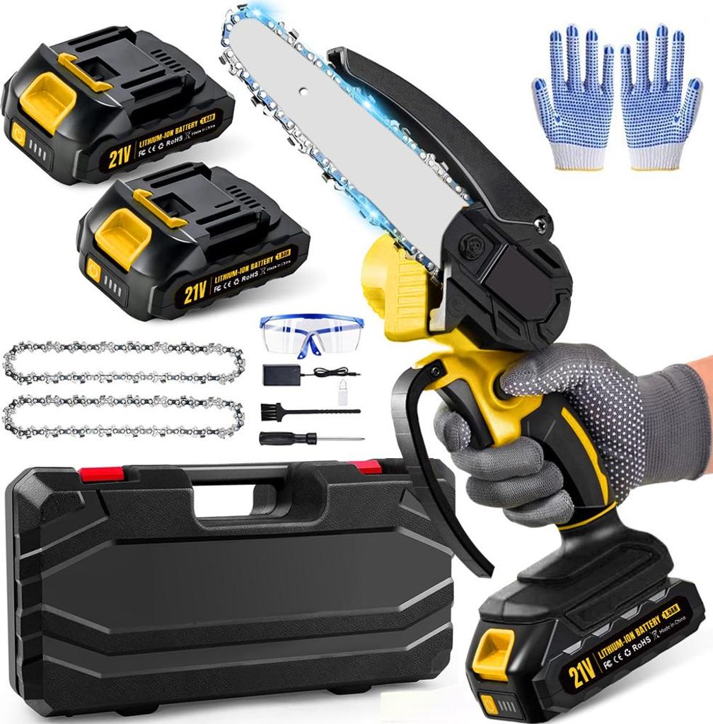 Akku kettensäge,6Zoll Mini Kettensäge,850W Bürstenloser schnurlose Schnittsäge mit Sicherheitsschloss,elektrische Handketten für Holz und Gart...