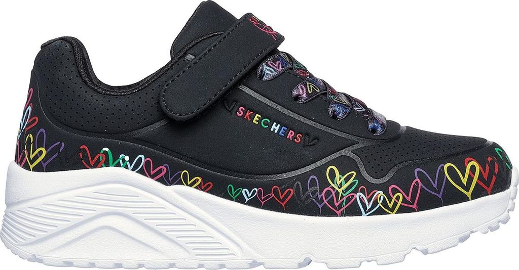 Skechers Kinder-Mädchen-Sneaker-Slipper-Klettschuh UNO LITE - HEART CRAZE Herz-Muster Schwarz-Weiß-Mehrfarbig, Farbe:schwarz, EU Größe:37