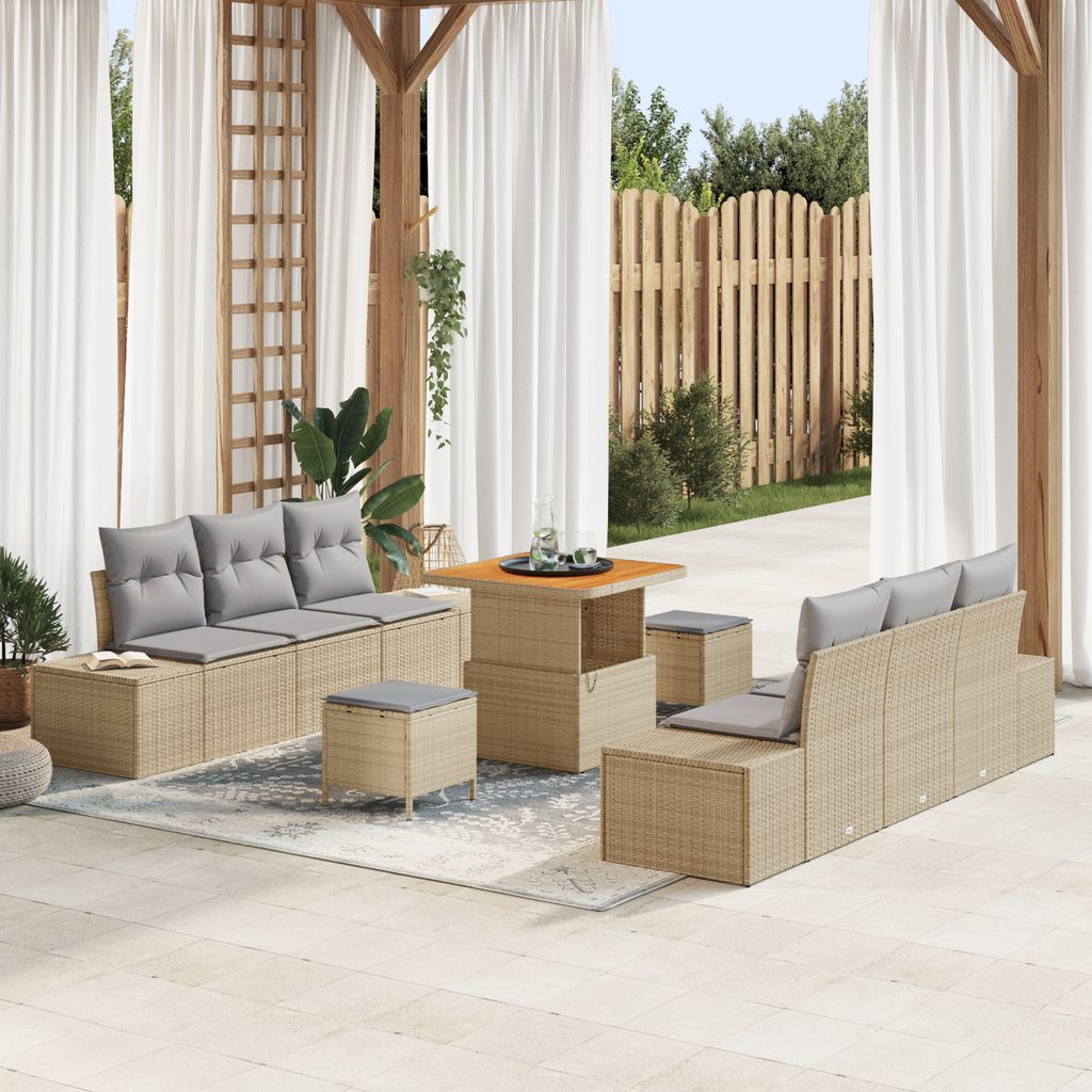 Desgin 9-teiliges Garten Sofa Set mit Kissen Beige Poly Rattan Akazie - Gartensofas 3364687