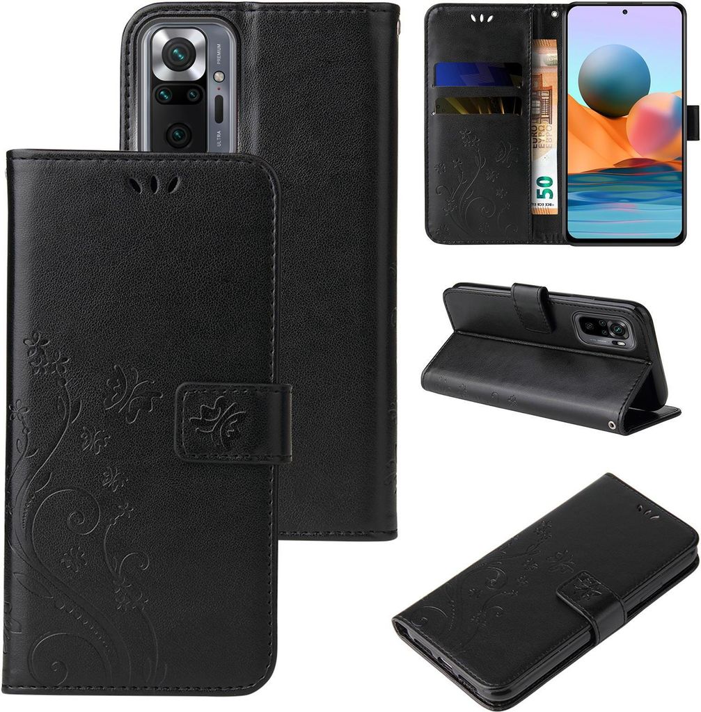 Handyhülle für Xiaomi Redmi Note 10 Pro Floral Blumen Schmetterling Flip Cover Hülle Case Klapphülle Handytasche Farbe: Schwarz
