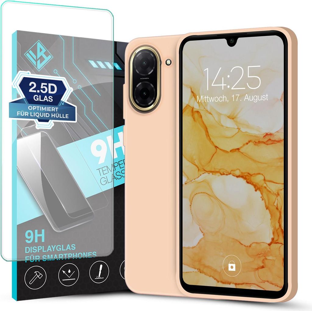 A phone case and screen protector are displayed next to a smartphone.