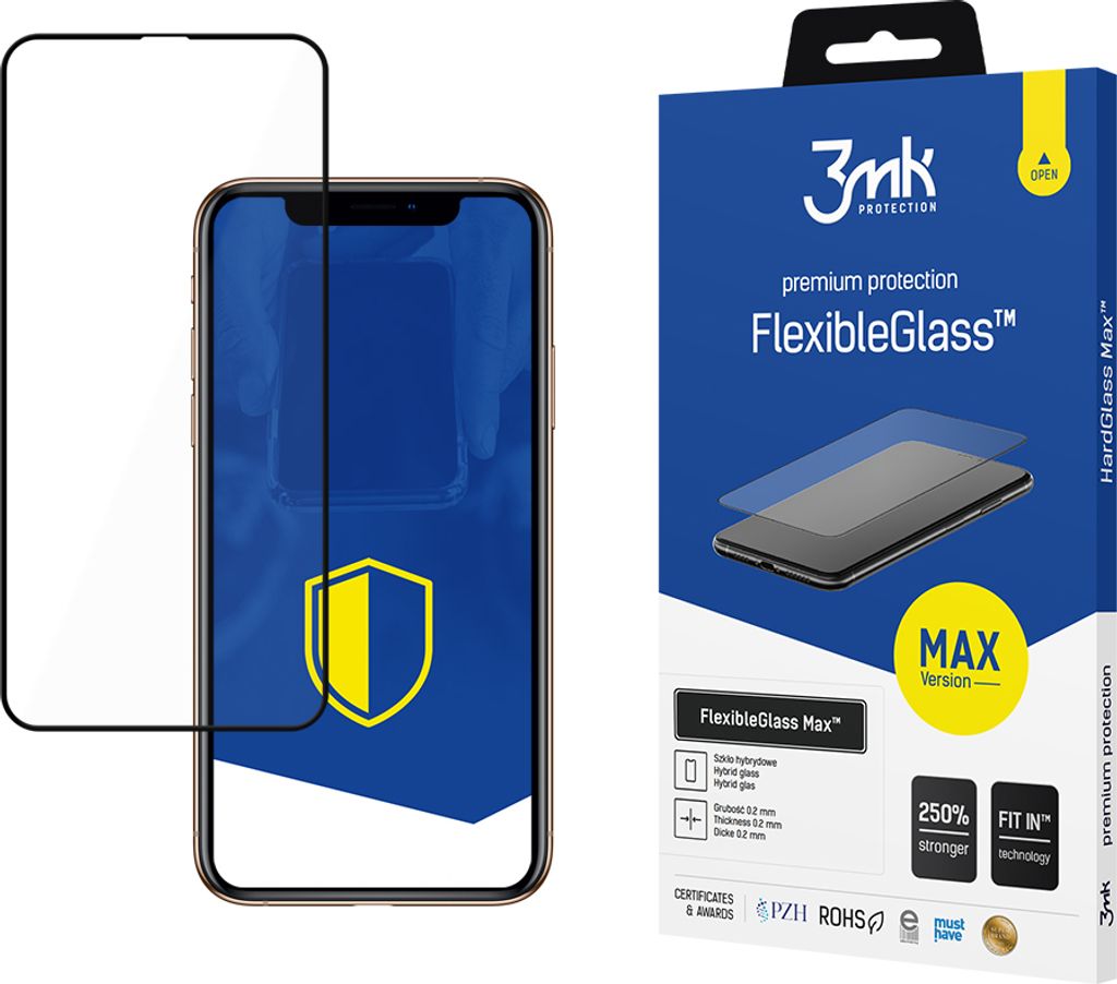 A product shot of a phone screen protector and its packaging.