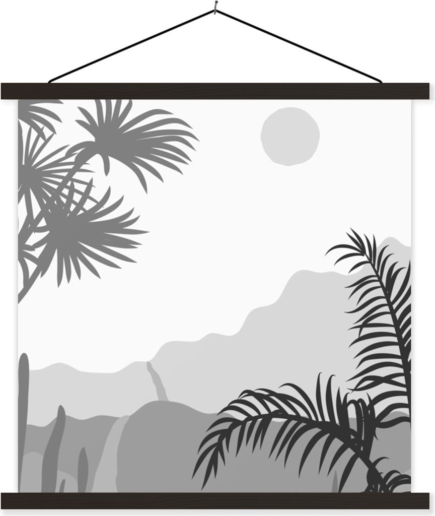 MuchoWow Textilposter Illustration - Tropisch - Schwarz - Weiß 120x120 cm mit schwarzem Rahmen - Aufhängungsset
