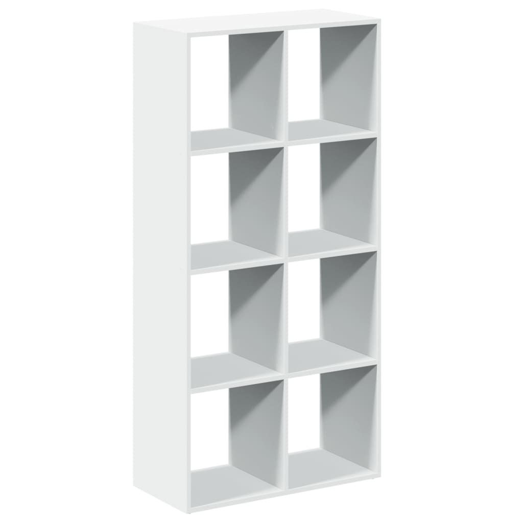A white, multi-compartment shelving unit against a white background.