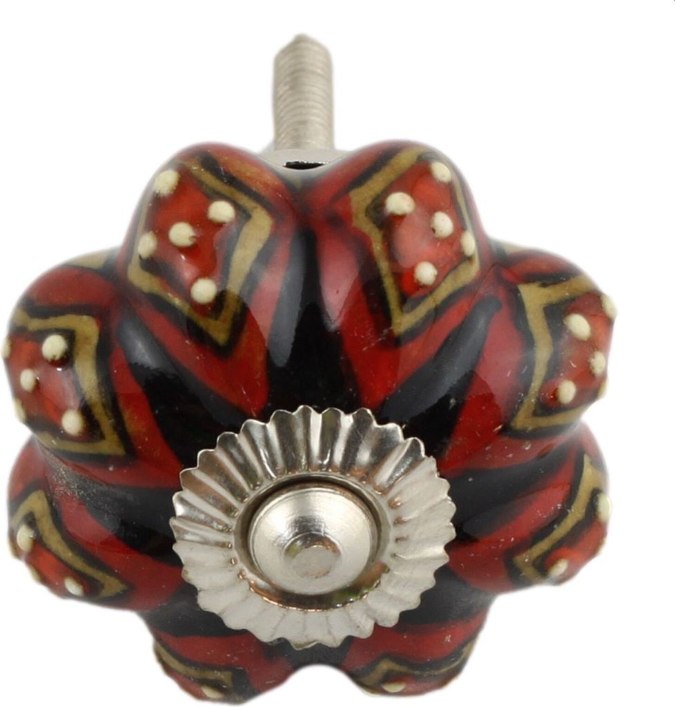 Möbelknauf aus Keramik Shabby Chic Rosette - rot-schwarz-braun gemustert - silber