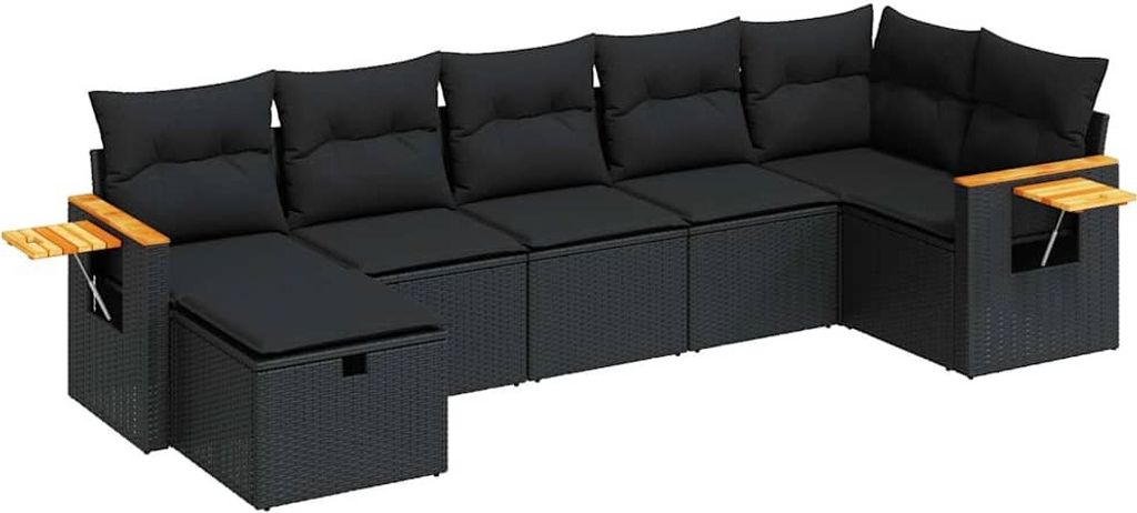 vidaXL 7-tlg. Garten-Sofagarnitur mit Kissen Schwarz Poly Rattan