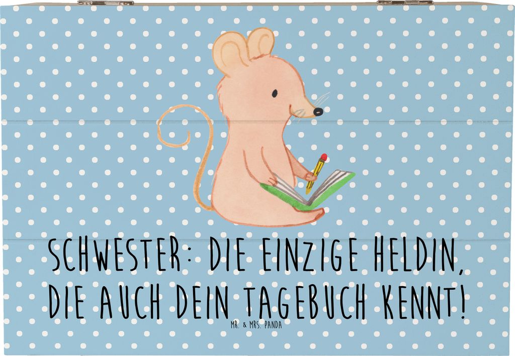 Mr. & Mrs. Panda Geschenkbox Schwester Heldin 22 x 15 cm - Blau Pastell - Geschenk, Aufbewahrungsbox Holz, Familie, aus, fotobox, Truhe, Verwandte,...
