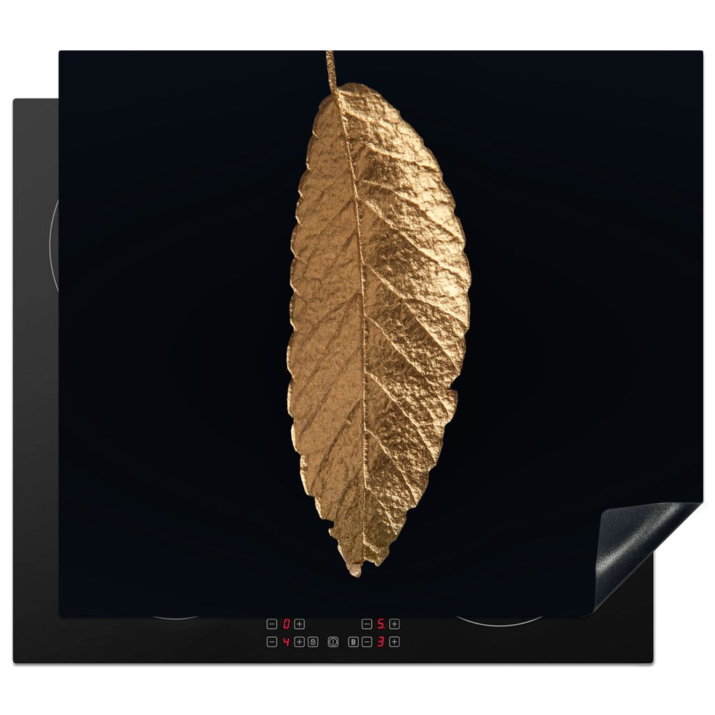 KitchenYeah Herdabdeckplatte Blätter - Schwarz - Gold - Luxus - Natur , 59x52cm, Küche Deko, Glaskeramikkochfeld Herdabdeckung, Abdeckplatte f...