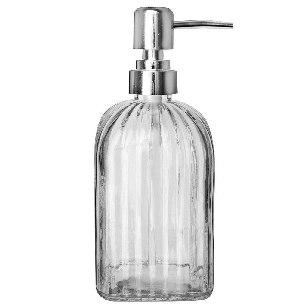 A clear, studio shot of a glass soap dispenser with a silver pump mechanism, set against a plain white background.