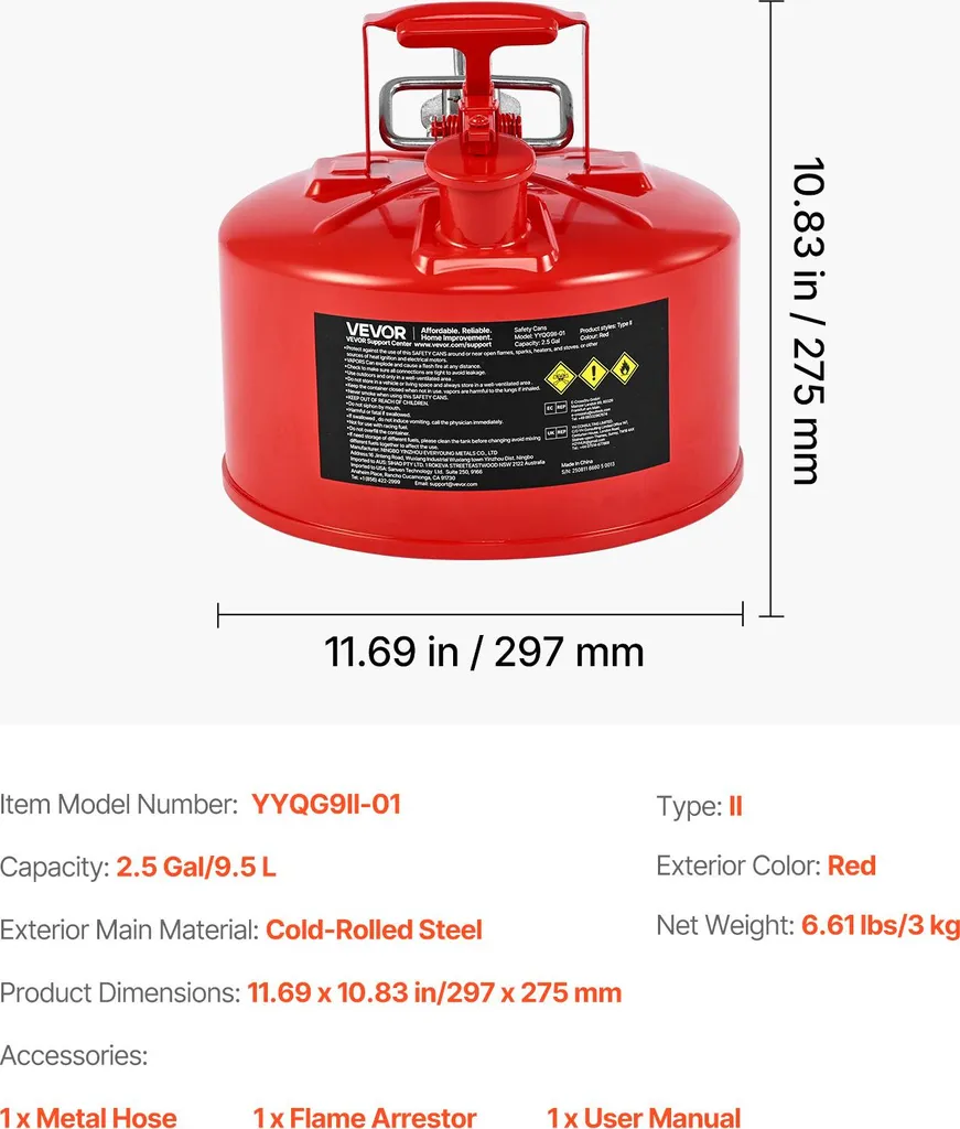 Tanica di sicurezza VEVOR, 9,5 litri, tipo II, contenitore di sicurezza con dispositivo antifiamma, coperchio autochiudente e beccuccio flessibile in metallo, contenitore per lo stoccaggio di sostanze infiammabili, rosso - 7