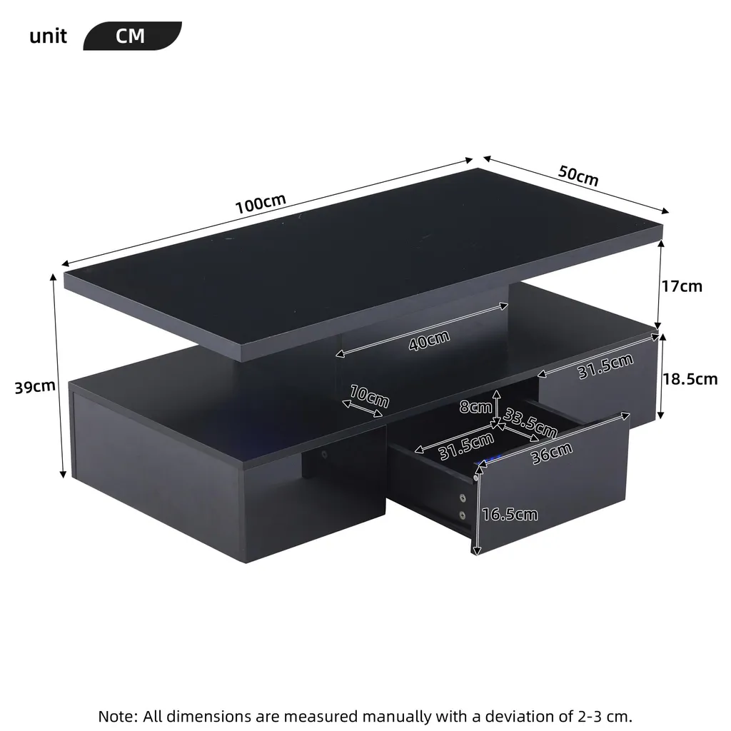 Table basse noire brillante LED télécommandée avec tiroir de rangement - 6