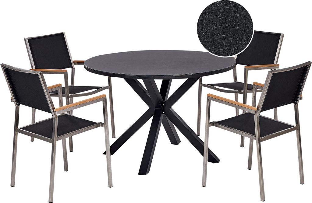 BELIANI Gartenmöbel-Set, schwarz Aluminium, Edelstahl, Keramik, Glas, Tischplatte mit Marmoreffekt, 4 Sitzer, Outdoor-Möbel, modern