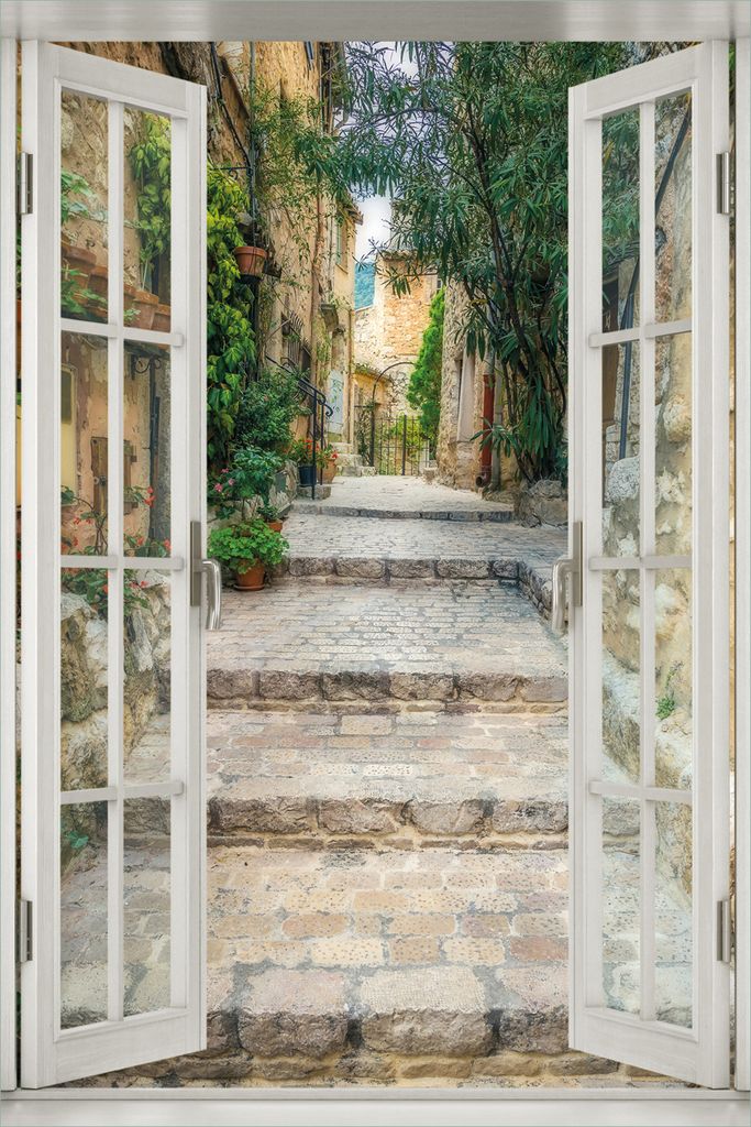 Wallario Poster mit Fenster-Illusion: Alte steinerne Gasse in Südfrankreich, Größe: 61 x 91,5 cm (Maxiposter)