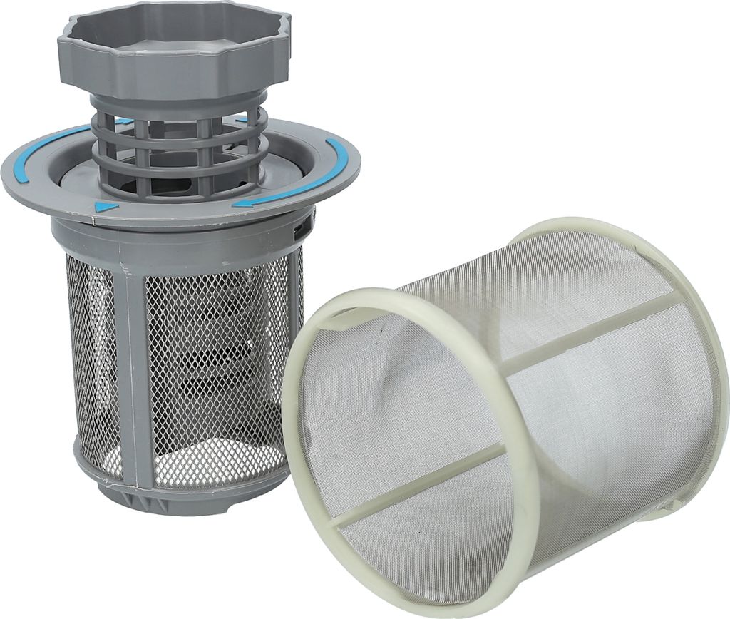 Two parts of a dishwasher filter assembly are shown against a white background.