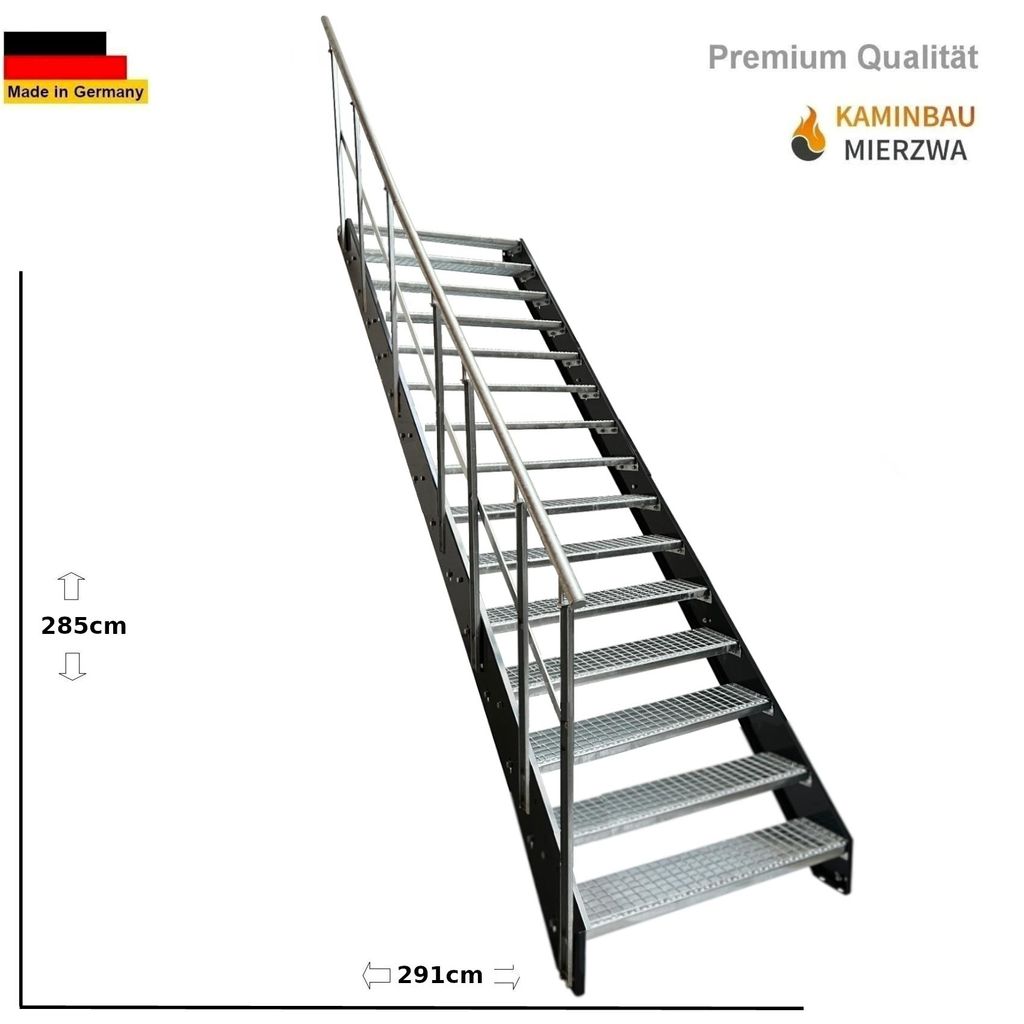 Wangen- Treppe Stahltreppe Gitterroststufen 15 Stufen mit Geländer Links Verzinkt und Wangen in Anthrazit RAL 7016 (B x H x T) 120 x 285 x 291 cm