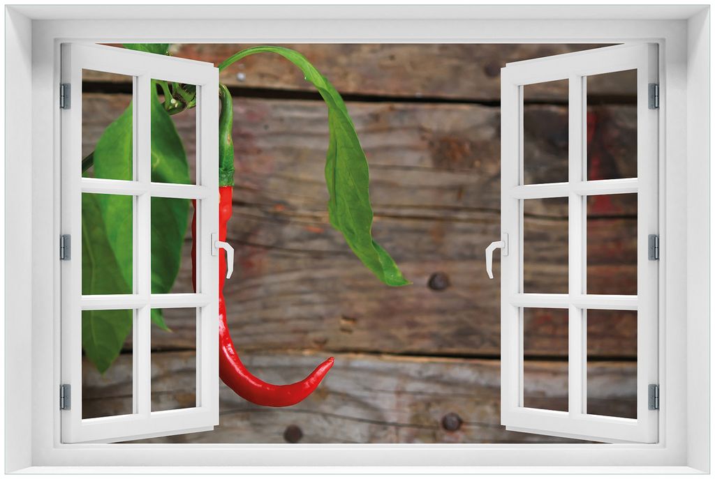 Wallario Premium Glasbild mit Fensterrahmen, freischwebende Optik, kräftige Farben, Größe 60 x 90 cm Motiv Hängende Chili-Schote