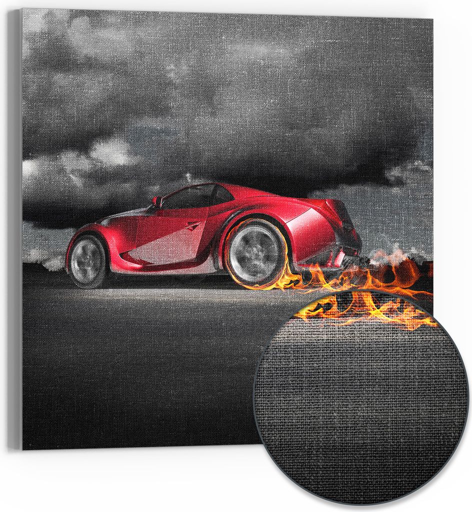 DEQORI Hybrid Leinwand Bild 30x30 cm 'Feuriger Sprint' Wandbild Glas flach modern