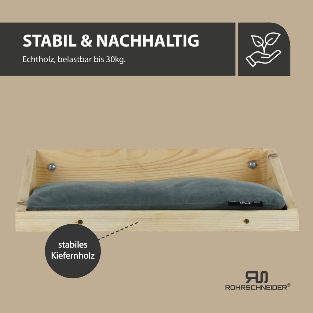 Rohrschneider Katzentreppe Wand | EU | Kletterwand Katzen mit waschbarem Kissen o. Stoffeinlage | Kiefernholz | Natur | belastbar bis 30 kg | B 40 ...