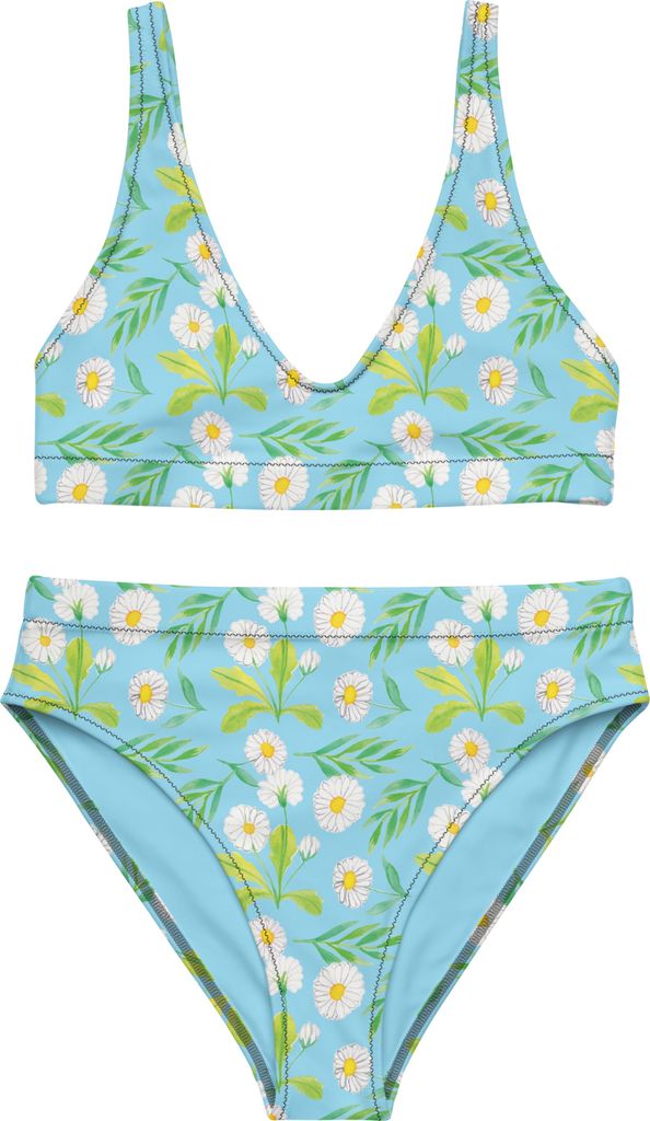 Mr. & Mrs. Panda Bikini Wiesenzauber Design Größe M - Weiß - Geschenk, Gänseblümchen, Aquarell, Bikinihose, High Waist, Bademode, Zweiteiler, ...