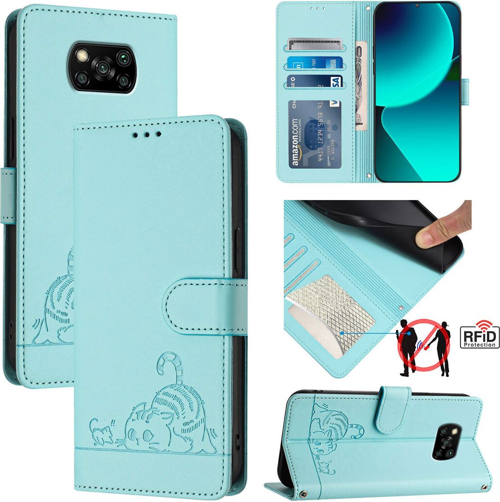 Leder Hülle für Xiaomi Poco X3 NFC / X3 Pro Süße Katze Flip Case Brieftasche Schutzhülle mit Standfunktion hellgrün